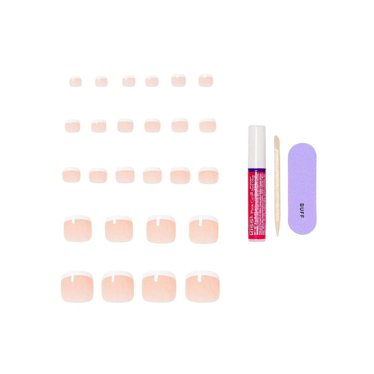 Kiss Core, Press On Nails, Nail glue included, 'Two of a Kind', White, Short Size, Squoval Shape, Includes 26 Toenails, 2g Glue, 1 Manicure Stick, 1 Mini File