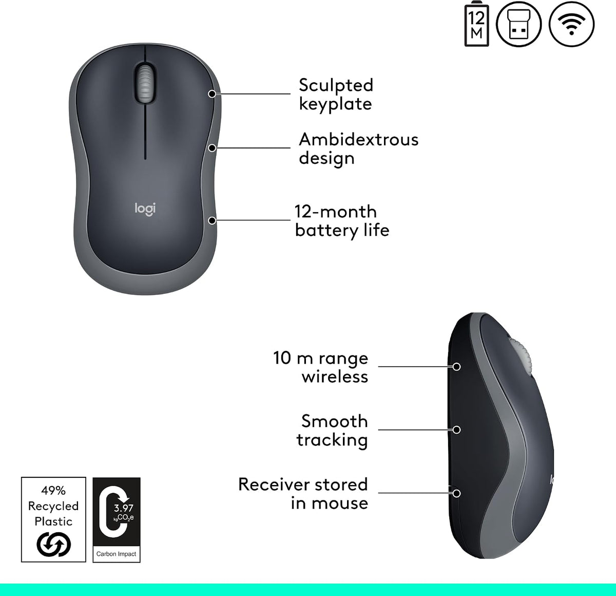 Logitech M185 Compact Ambidextrous 2.4 GHz Wireless Mouse - Swift Grey