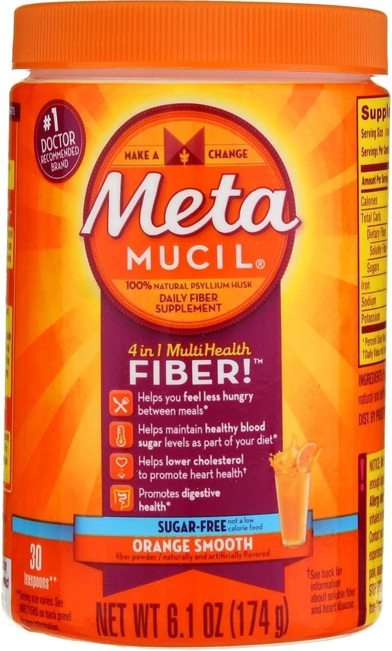 Metamucil 4-in-1 Psyllium Husk GLP-1 Friendly Fiber Supplement, Sugar-Free, 72 teaspoons, Orange Flavored, Daily Fiber Powder for Digestive Health, made with Plant-Based Psyllium Husk Fiber