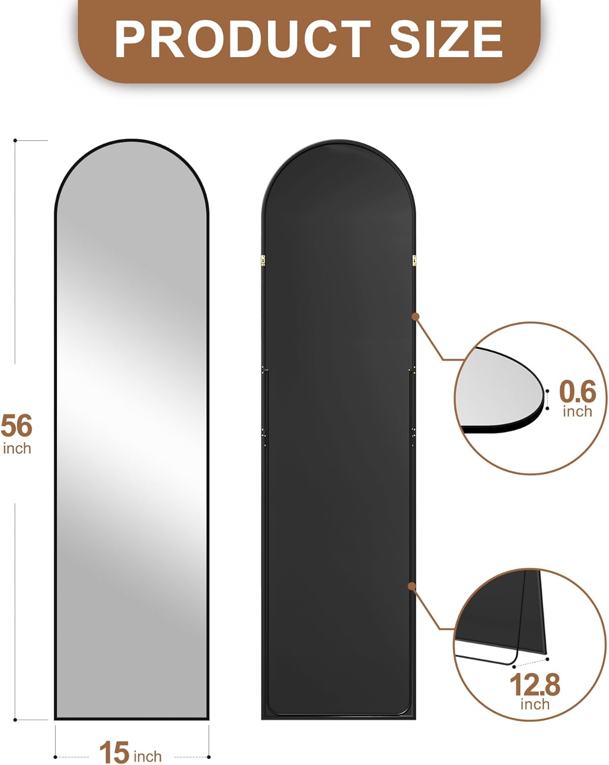 Arched Full Length Mirror with Stand, Black Floor Mirror | Aluminium alloy frame with HD float glass for distortion-free reflection. Free standing or wall mounted.