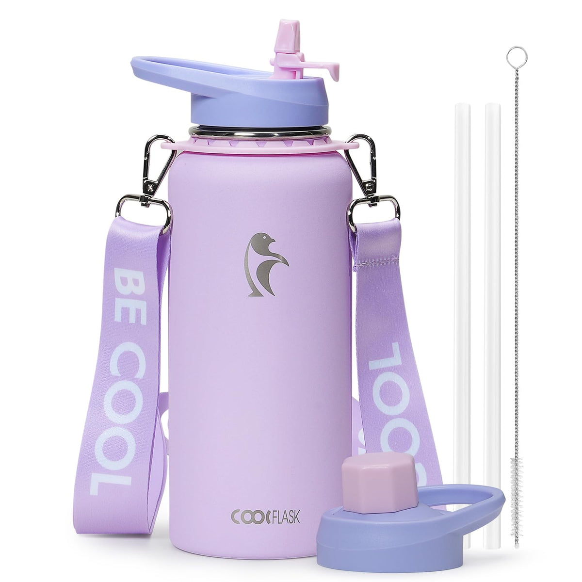 Coolflask Water Bottle with Straw, 40 oz Insulated Metal Water Flask with Straw & Spout Lids, Stainless Steel Double Wall Vacuum, Keep Cold 48h Hot 24h, Leak Proof, BPA-Free, Apricot Pink