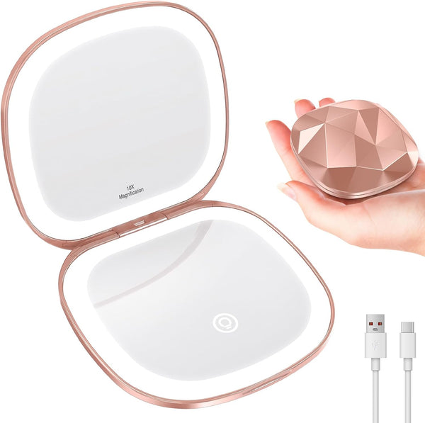 Travel Makeup Mirror with Light, 10X/1X Magnifying Compact Mirror for Purse, Portable Double Sided Folding Pocket Size, Dimmable LED & USB Rechargeable(Rose Gold)