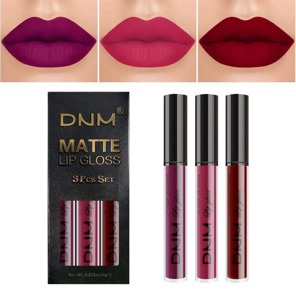 evpct 3Pcs Dark Ruby Fire Red Matte Liquid Lipstick Lip Stain Lipgloss sets for Women 24 Hour Red Matte Lipstick Long Lasting Smudge Proof