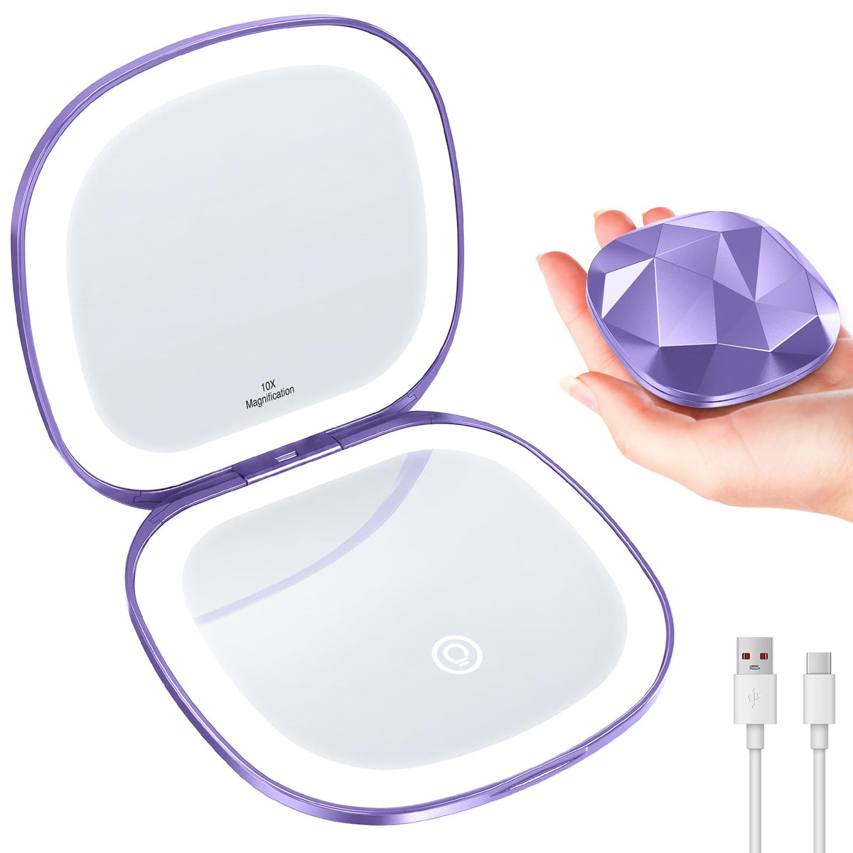Travel Makeup Mirror with Light, 10X/1X Magnifying Compact Mirror for Purse, Portable Double Sided Folding Pocket Size, Dimmable LED & USB Rechargeable(Rose Gold)