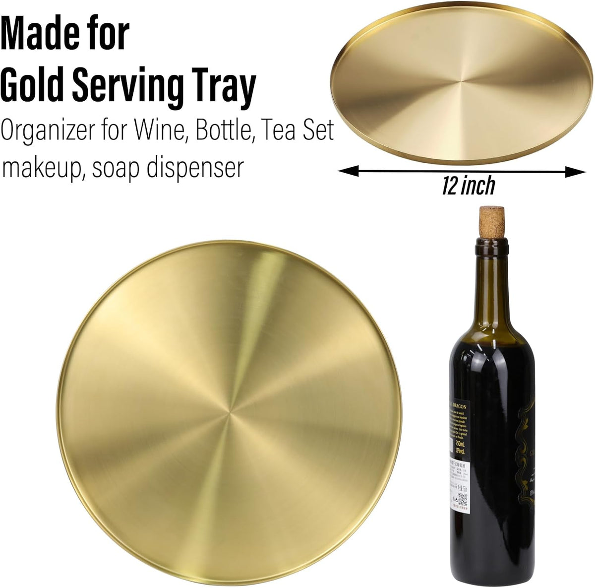 FREELOVE 12 Inch Brushed Gold Round Tray, Stainless Steel Brass Decorative Tray for Coffee Table, Vanity, Bathroom Counter, Dresser, Candles, Perfume, Jewelry and Bar Cart Décor