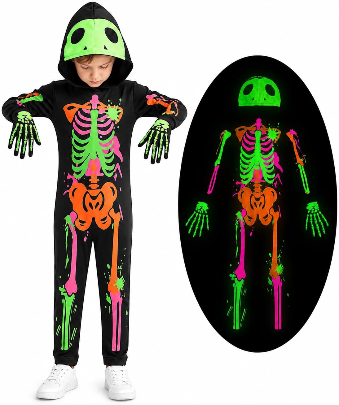 Glow in the Dark Colorful Skull Bones Jumpsuit Halloween Outfit for Kids Unisex Toddler Luminous Skeleton Costumes