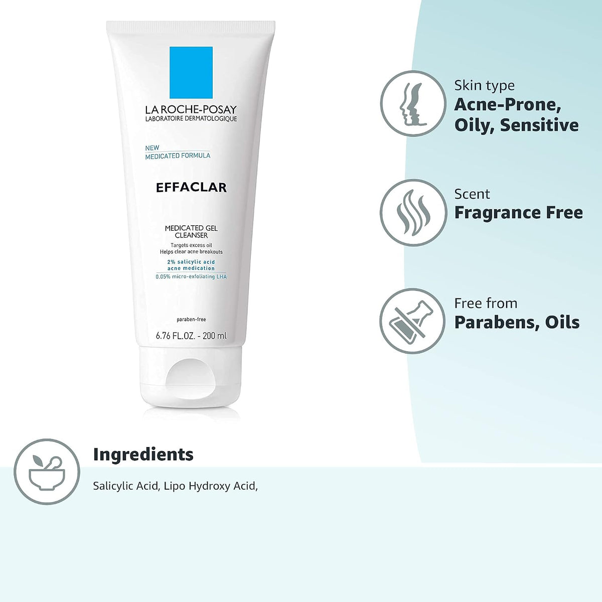 La Roche-Posay Effaclar Medicated Gel Cleanser, 2% Salicylic Acid Cleanser + LHA + Glycerin, Foaming Acne Face Wash, Helps Clear & Prevent Acne Breakouts, Oil Free, Targets Excess Oil