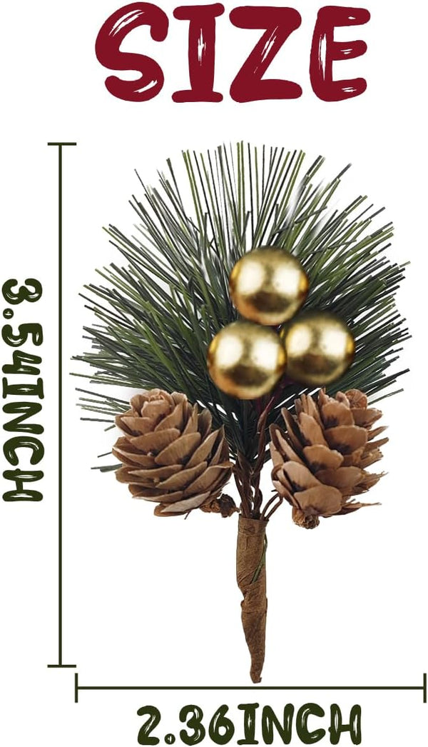 25PCS Artificial Pine Picks, Pine Needles Branches with Gold Berry Stems, Small Fake Berries Pinecones Branches for Crafts Christmas Tree DIY Garland Holiday Wreath(Gold)