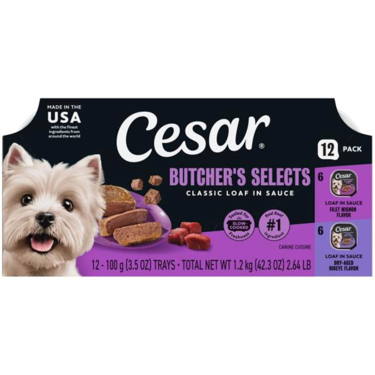 Cesar Wet Dog Food Classic Loaf in Sauce Grilled Chicken, Filet Mignon, Porterhouse Steak, Beef, Chicken & Liver and Turkey Variety Pack 3.5 oz. Easy Peel Trays (36 Count, Pack of 1)