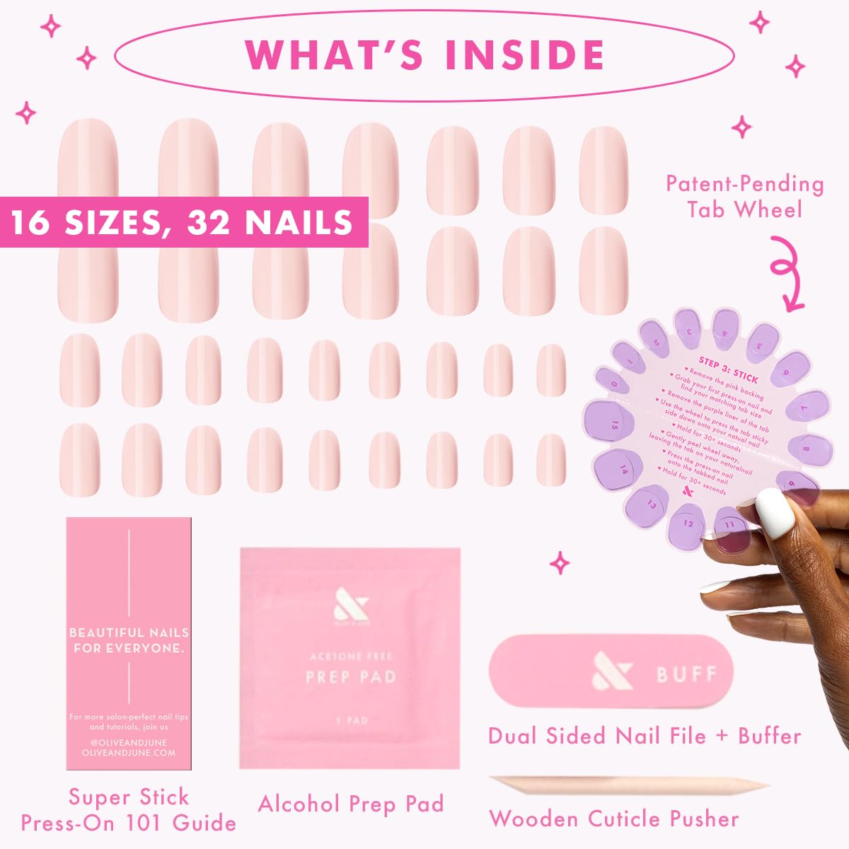 Olive & June Super Stick Press-On Nails, Gelato Pink, Short, Round | No glue needed; 32 non-toxic tab nails in 16 sizes, easy on-off, non-damaging, 7-day wear; salon-quality mani at home