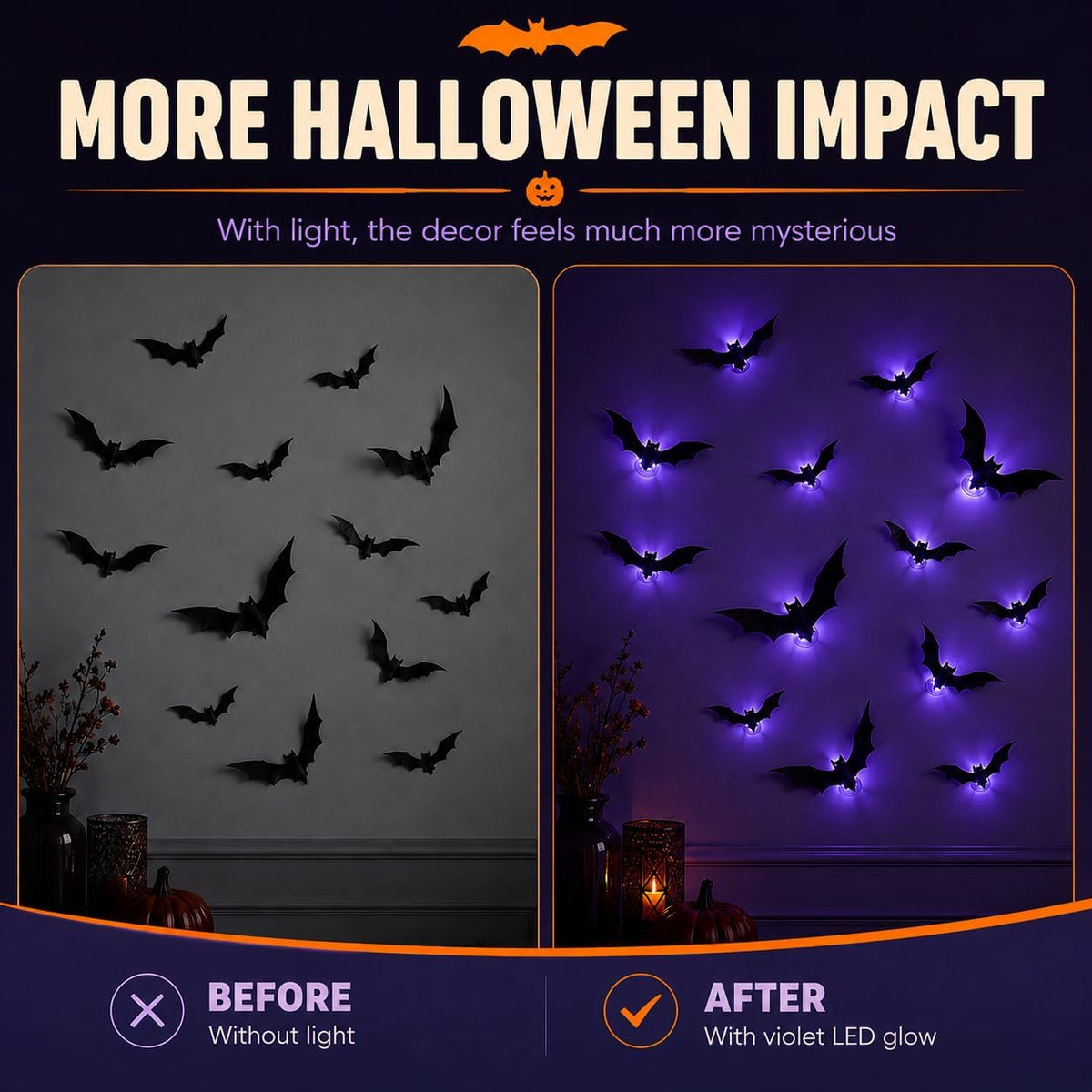 Spooky Glow 3D LED Bat Wall Decor, Hanging Bat for Halloween Decoration, 12