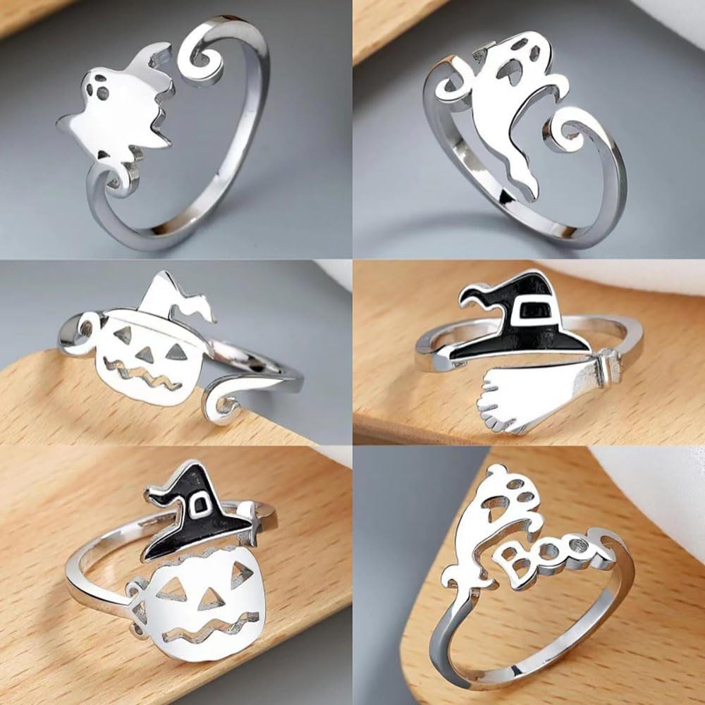Halloween Ghost Pumpkin Open Adjustable Ring Band Witch Hat Magic Broom Statement Wrap Finger Rings Punk Comfort Fit Jewelry Festive Party Gifts for Women Daughter