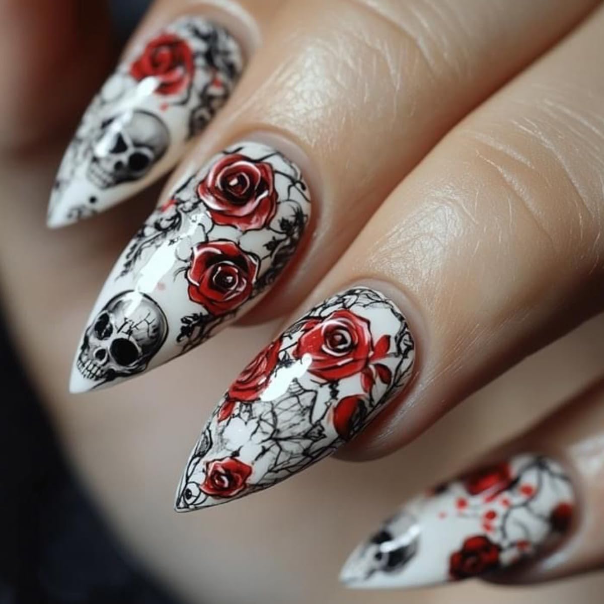 Halloween Press on Nails Almond Medium Fake Nails Black White Gradient Glue on Nail Goth False Nails with Bat Spider Web Designs Glossy Reusable Stick on Nail for Women Girls 24Pcs