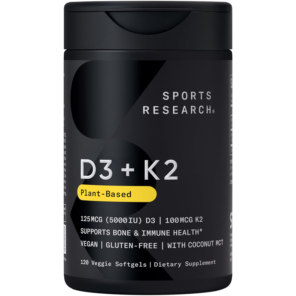 Sports Research® Vitamin D3 + K2 w/Coconut Oil - Vegan Vitamin D 5000iu (125mcg) & Mk7 Vitamin K 100mcg for Bone & Immune Support - Vegan Certified · Non-GMO · Soy Free - 30 Softgels