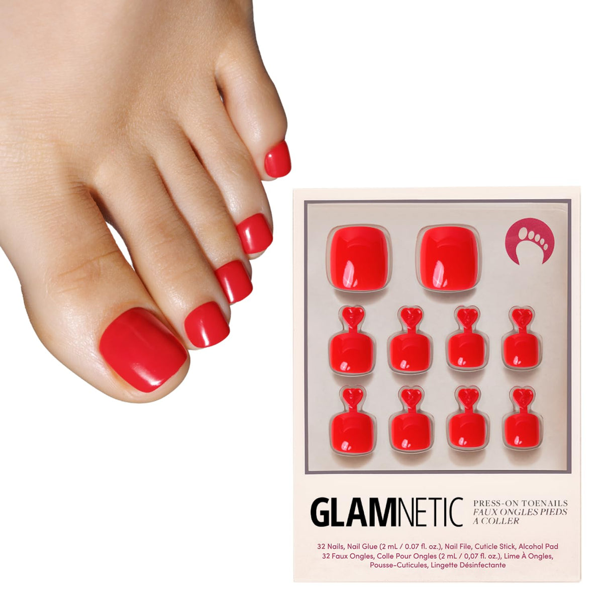 Glamnetic Press On Toenails - Natural Fake Nails | Cherry Red Chrome Press On Toenails, Salon Quality Press On Nails Kit with Glue | Cherry Glaze - 32 Nail Set in 16 Sizes