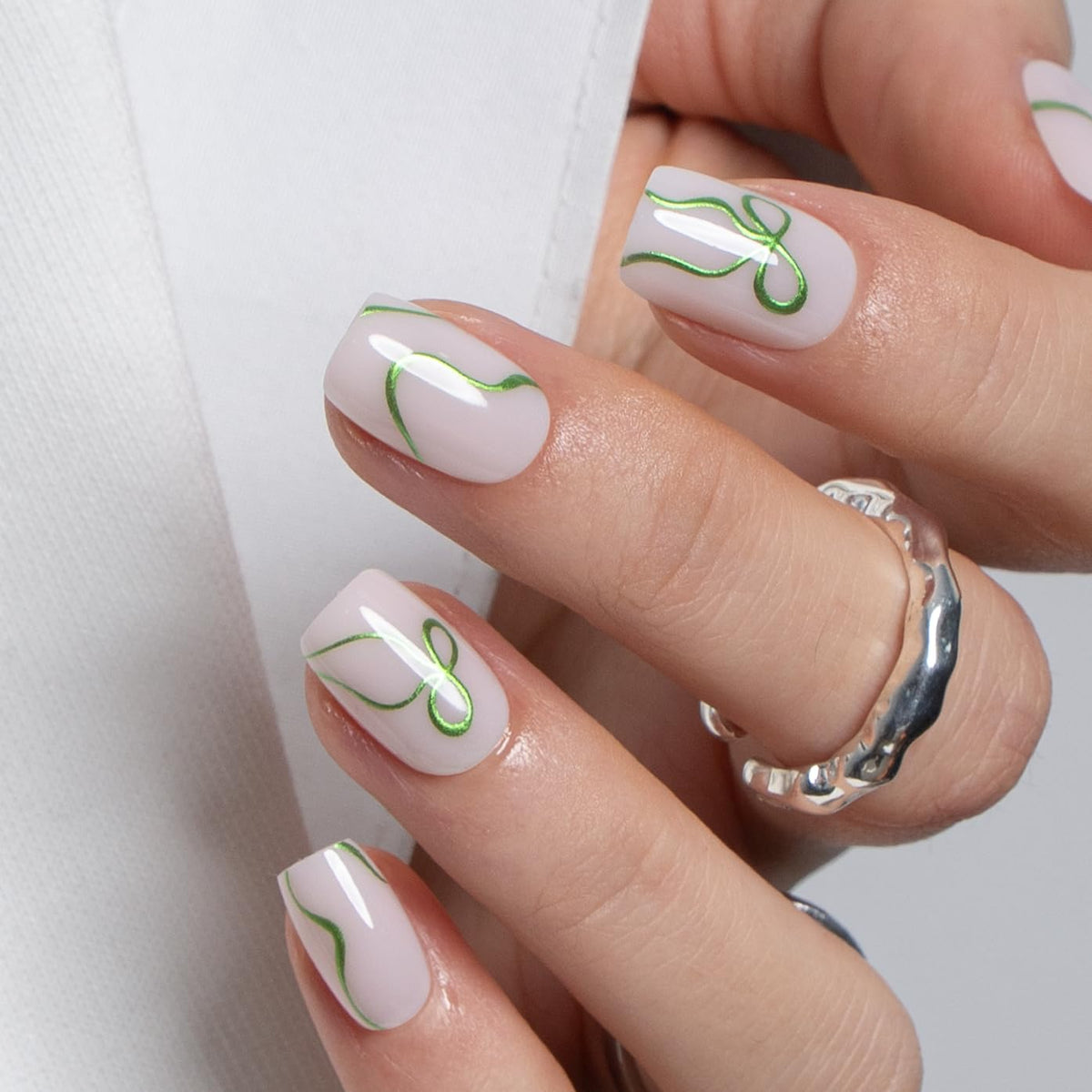 CurvLife Milky White Square Press on Nails Short, Soft Gel Fake Nails with Clean Nude Apricot Design Full Cover False Nails Glossy Nude Glue on Nails Artificial Stick on Nails for Women