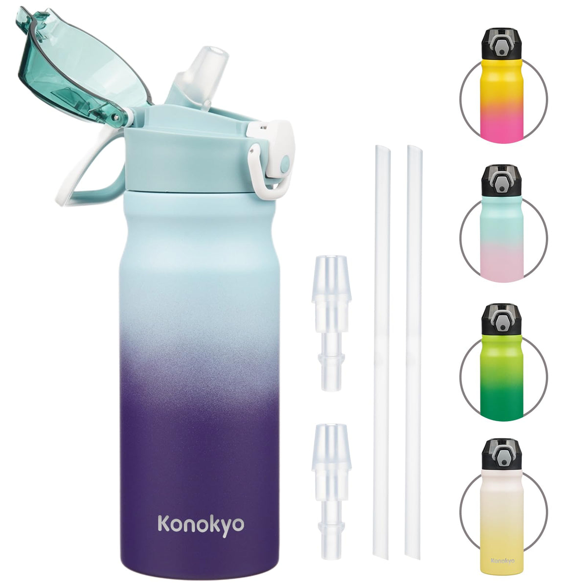 Konokyo 18 oz Insulated Water Bottle with Straw Lid, Stainless Steel Vacuum Sports Water Bottle, Leak-Proof Reusable Metal Flask with Carry Loop, BPA-Free Travel Bottle for Gym, School, Office