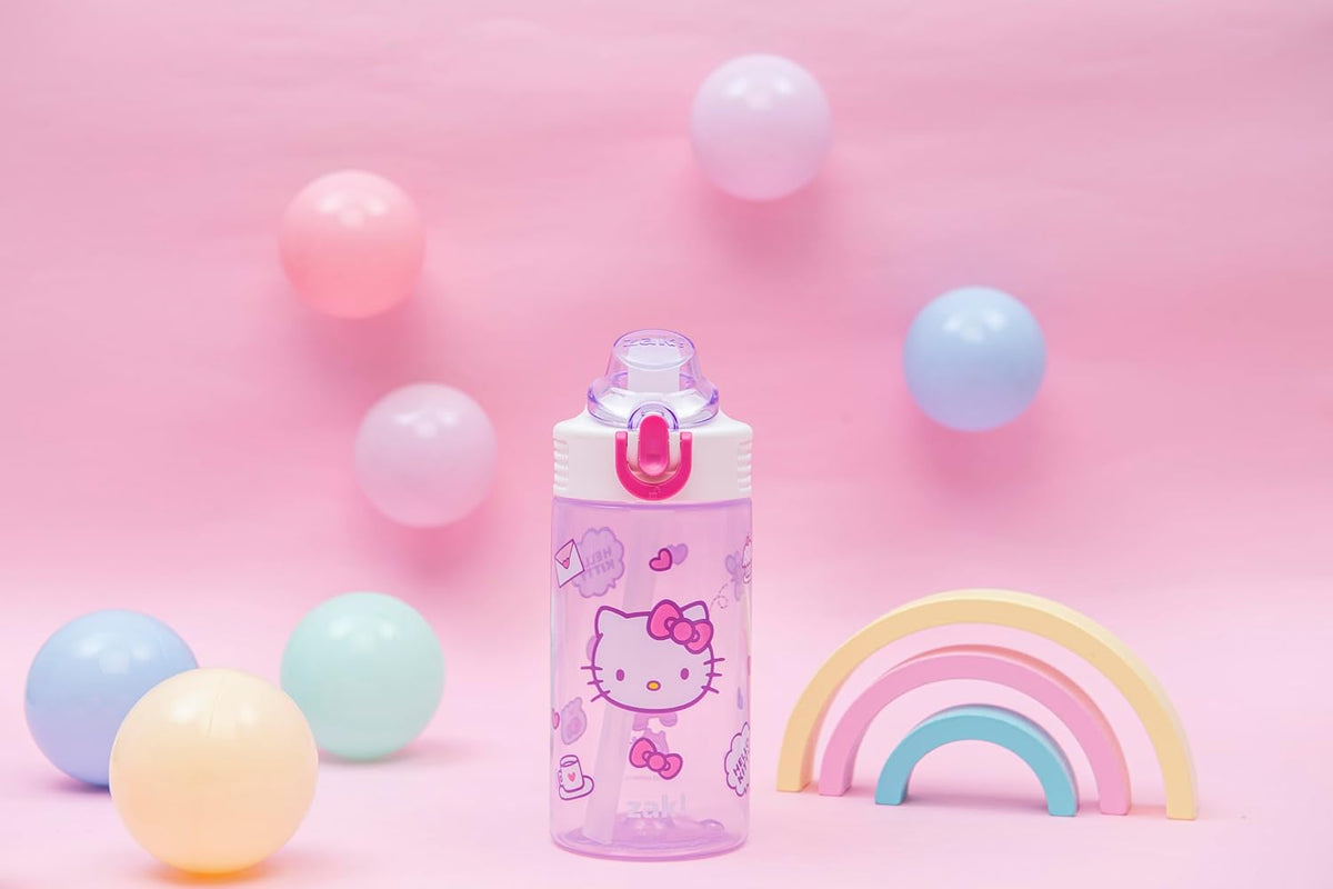 Zak Designs Sanrio Hello Kitty Sage 16oz Leak-Proof Straw Kids Water Bottle | BPA Free, Durable Plastic, Cupholder Friendly, Dishwasher Safe, Easy to Clean, Lid Lock, Handle, For School, Home, Travel