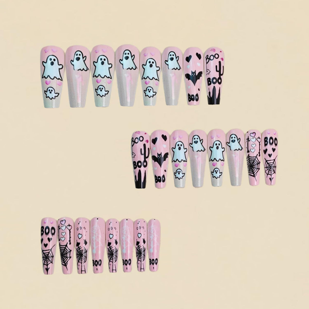 Pink Halloween Press on Nails Long Coffin Fake Nails Cute Ghost Bat Spider Web Design Glossy Acrylic Nails Reusable Stick on Nails Full Cover Artificial Nails Halloween Costume Party Daily Nail Decor