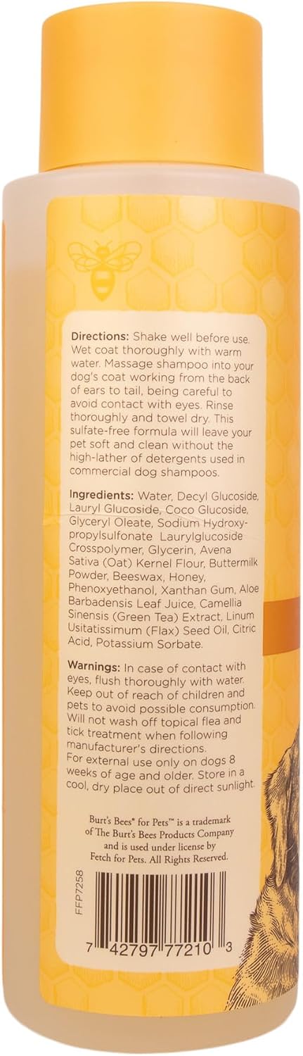 Burt's Bees for Pets Oatmeal Dog Shampoo with Honey, Soothing Formula for Itchy and Sensitive Dog Skin, Colloidal Oat Flour and Honey, pH Balanced, Sulfate-Free, 16 Fl Oz