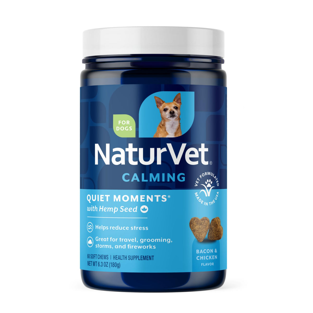 NaturVet Quiet Moments Calming Dog Supplement, Dog Soft Chews with Melatonin to Help Reduce Stress from Storms, the Vet, Fireworks, and Travel, Bacon and Chicken Flavored Pet Supplement, 180 Count Jar