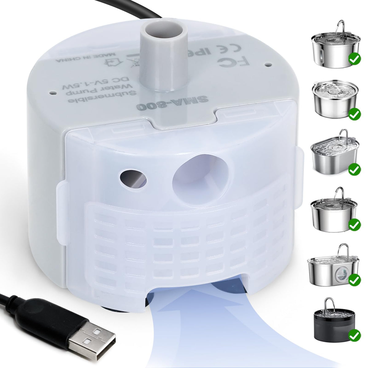 Ultra-Quiet Replacement Pump for Stainless Steel Cat Water Fountains - SMA-800 Motor - Safe and Easy to Clean with Low Voltage DC 5V and USB Cable (Pump) (Side Pump)