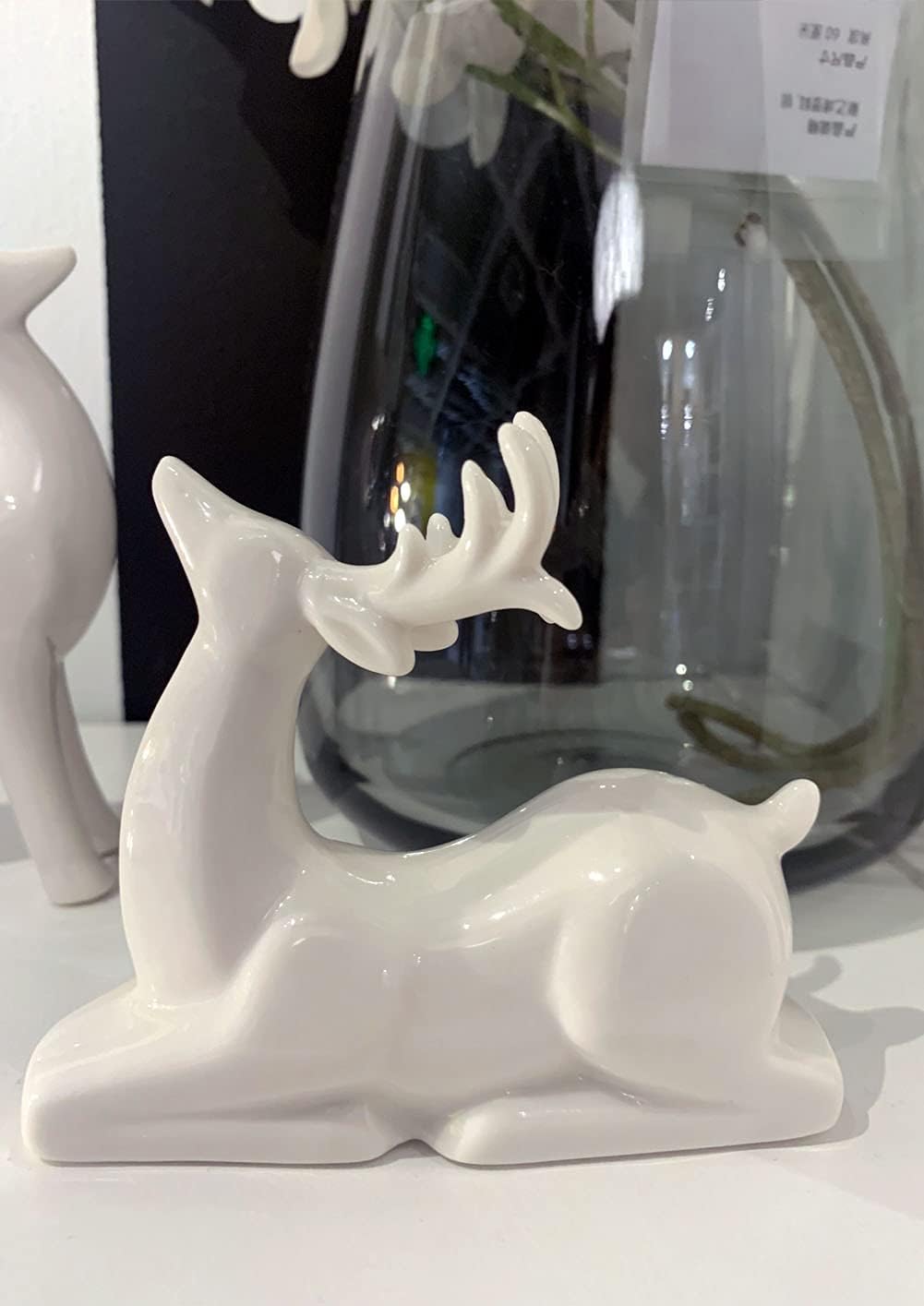 Porcelain Christmas Reindeer Figurines, Pack 2 Mini Animal Reindeer Decor Deer Statues Sculpture Tabletop Ornaments for Cabinet Mantel Shelves Fireplace Home Décor Accents Collectible Figurines