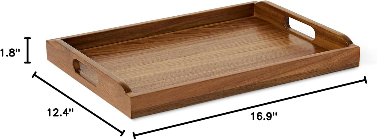 Amazon Basics Wooden Serving Tray, 17" x 12" Acacia Wood Decorative Tray Platter With Built-in Handles for Breakfast in Bed, Food & Drinks, Entertaining, Coffee Table & Ottoman