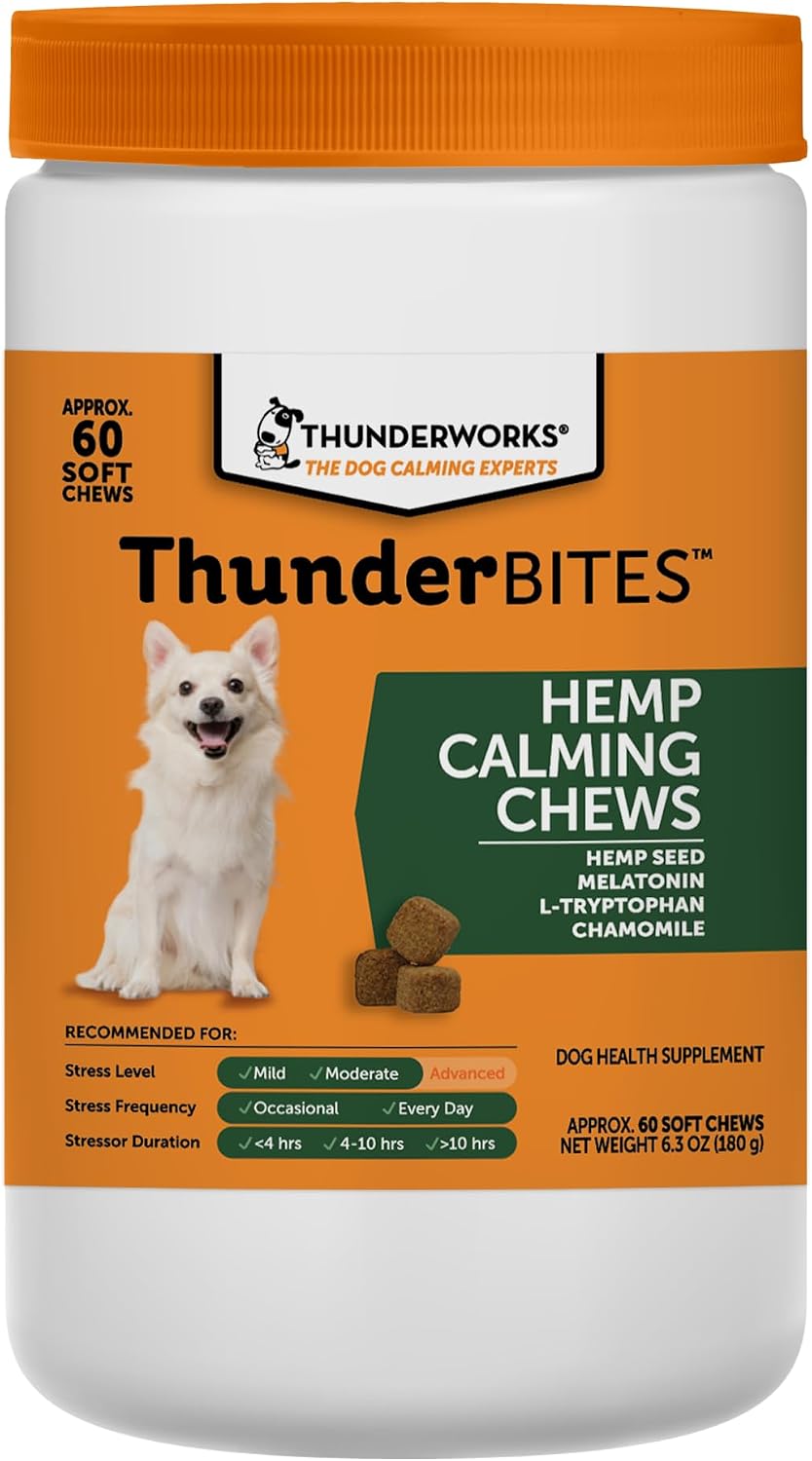 ThunderBites Hemp Calming Chews for Dogs, Everyday Use Can Help Relieve Stress from Separation, Storms, Fireworks & Travel (60 Count), Formerly ThunderWunders