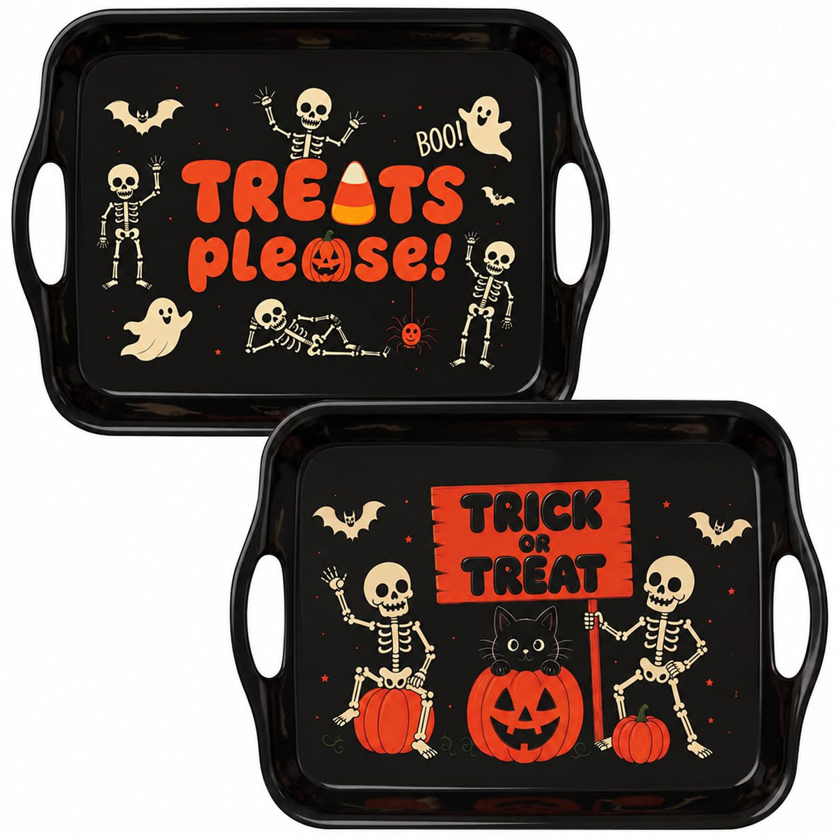 Thanksgiving Serving Trays with Handles, 19 x 11.6 Inch, Set of 2, Bamboo Fiber Serving Platter, Dishwasher Safe, with Removable Silicone Mats, Turkey and Fall Plaid