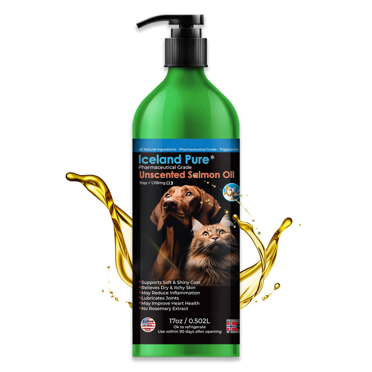 Iceland Pure Salmon Oil | Unscented Pharmaceutical Grade | 1118mg of Omega-3 per teaspoon | Liquid Food Supplement For Dogs and Cats | BPA-Free Brushed Aluminum Epoxy coated Bottle with Pump 8.75oz