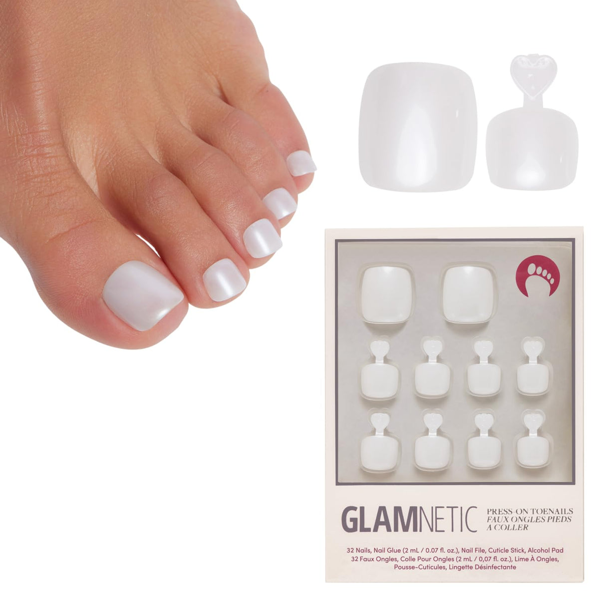 Glamnetic Press On Toenails - Natural Fake Nails | Cherry Red Chrome Press On Toenails, Salon Quality Press On Nails Kit with Glue | Cherry Glaze - 32 Nail Set in 16 Sizes
