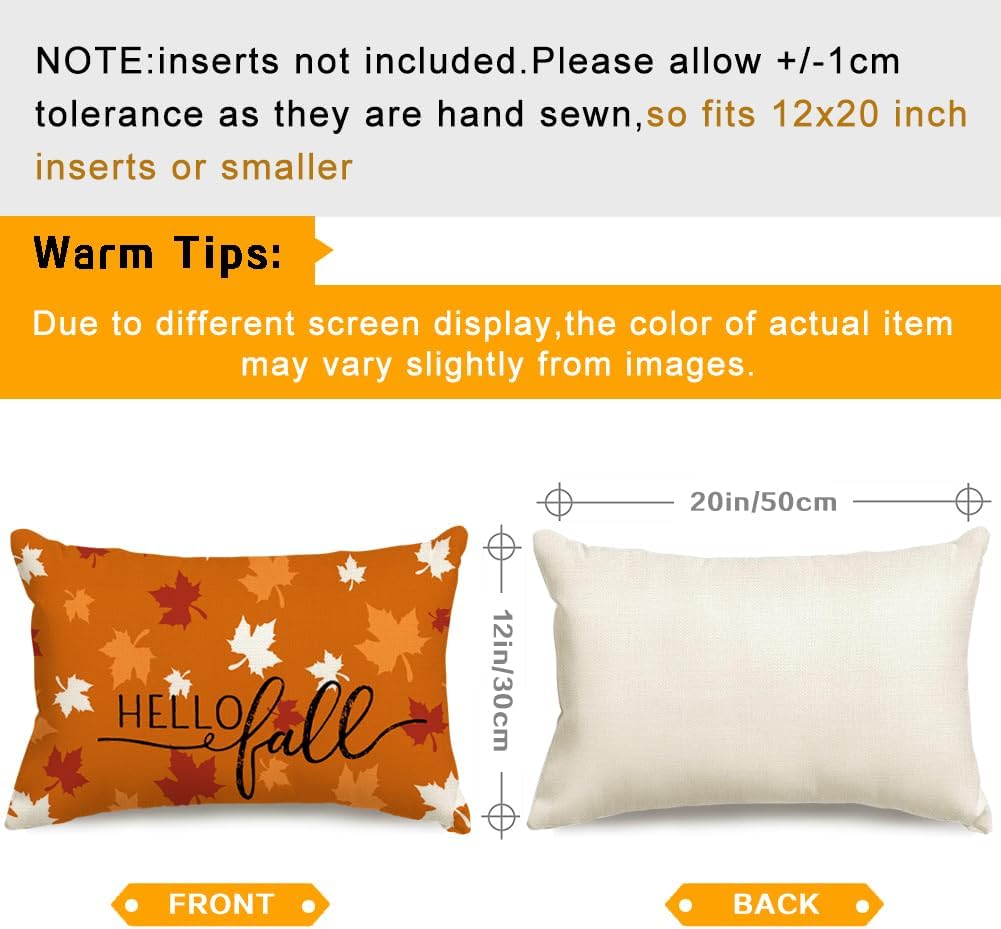 RABUSOFA Rust Orange Maple Leaves Fall Pillow Covers 12x20 Inch