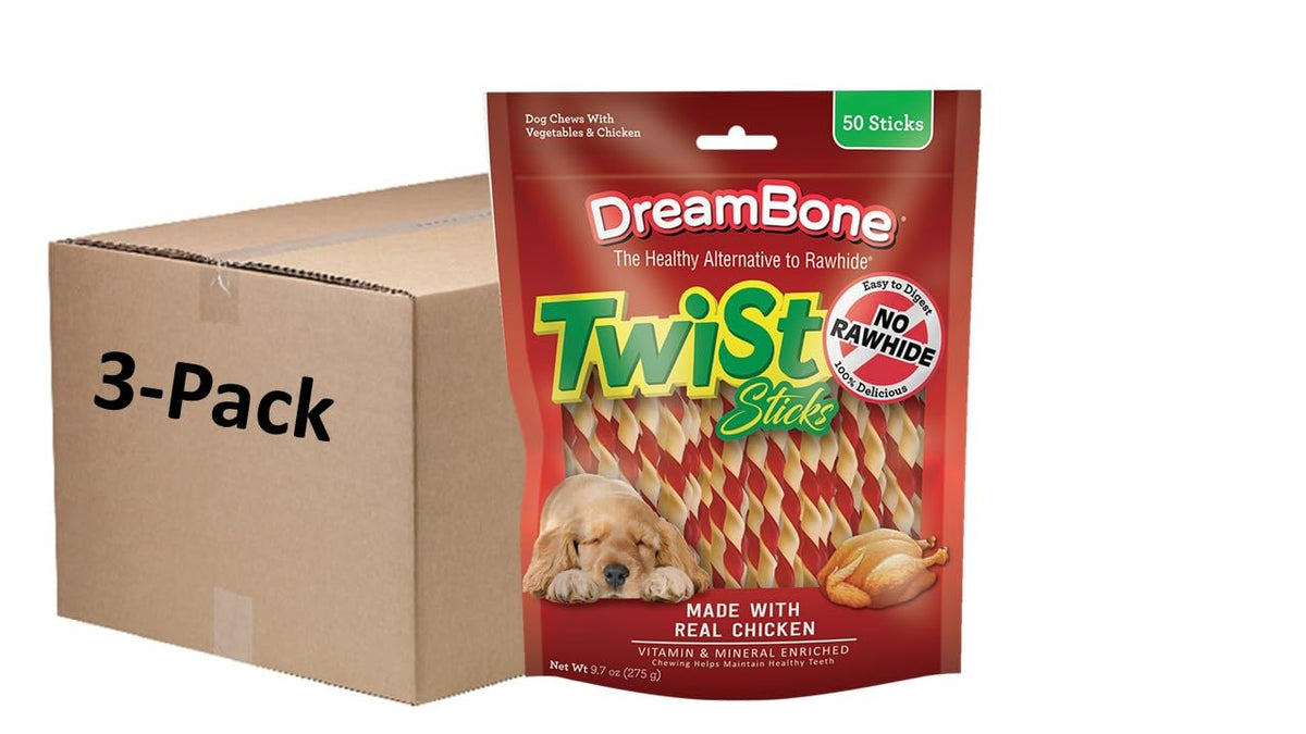 DreamBone Chicken Wrapped Twist Stick Dog Treats, Daily Rawhide-Free Chew, Digests Safely and Completely, With Real Protein, Chicken and Veggies, 50 count