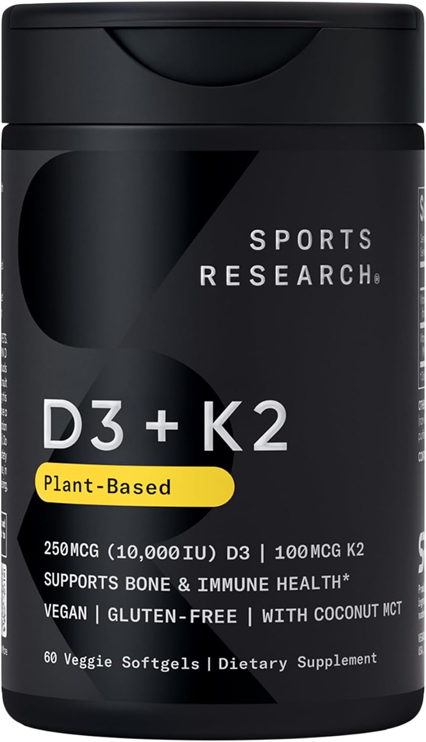Sports Research® Vitamin D3 + K2 with 10,000iu of Plant-Based D3 & 100mcg of Vitamin K2 as MK-7 | Non-GMO Verified & Vegan Certified 60ct