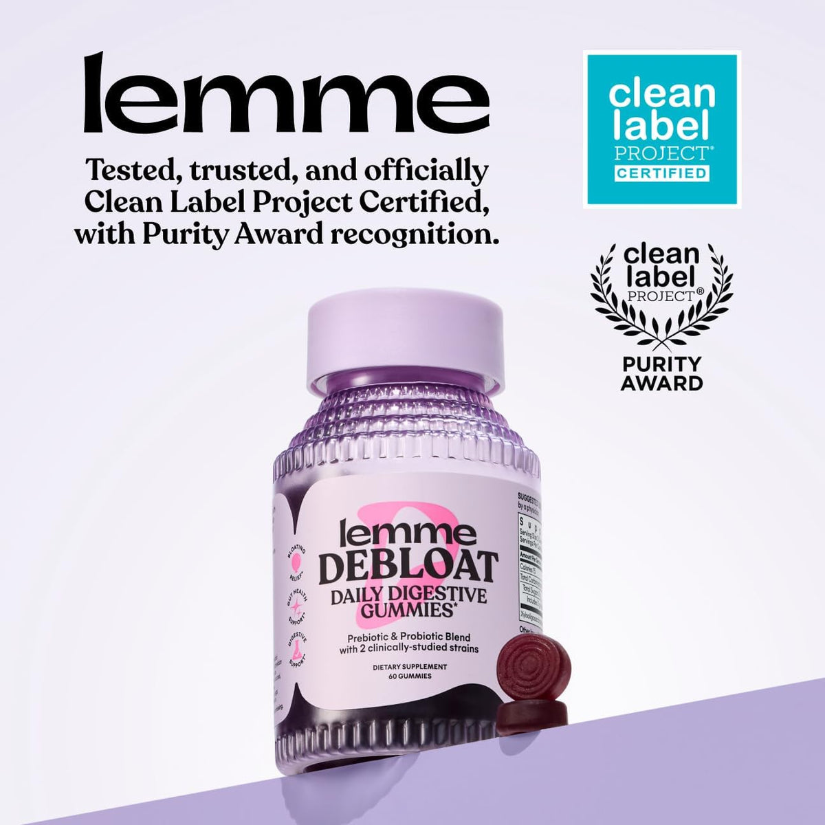Lemme Debloat - Digestive & Gut Health Gummies with 2 Clinically Studied Probiotics & Prebiotic, Vegetarian, Gluten Free, Non GMO, BlackBerry Flavor (60 Count)