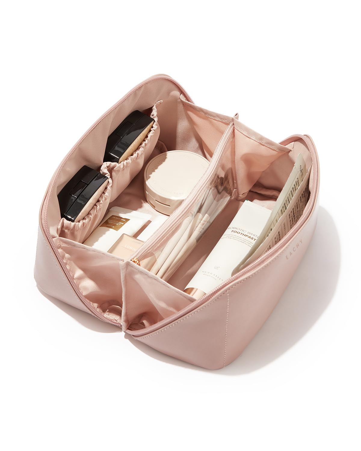 EACHY Travel Makeup Bag, Large Capacity Cosmetic Bag for Women, Waterproof PU Leather, Flat Open Portable Toiletry Bag for Skincare, Brushes & Travel Essentials