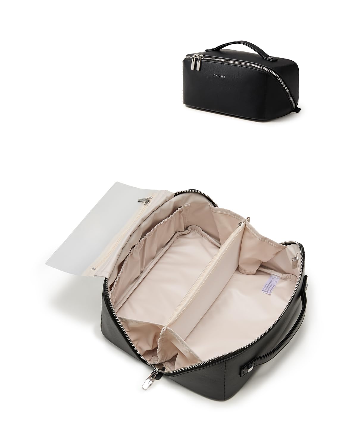 EACHY Travel Makeup Bag, Large Capacity Cosmetic Bag for Women, Waterproof PU Leather, Flat Open Portable Toiletry Bag for Skincare, Brushes & Travel Essentials