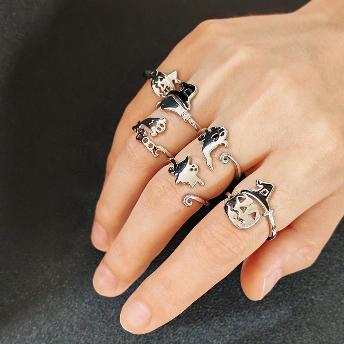 Halloween Ghost Pumpkin Open Adjustable Ring Band Witch Hat Magic Broom Statement Wrap Finger Rings Punk Comfort Fit Jewelry Festive Party Gifts for Women Daughter