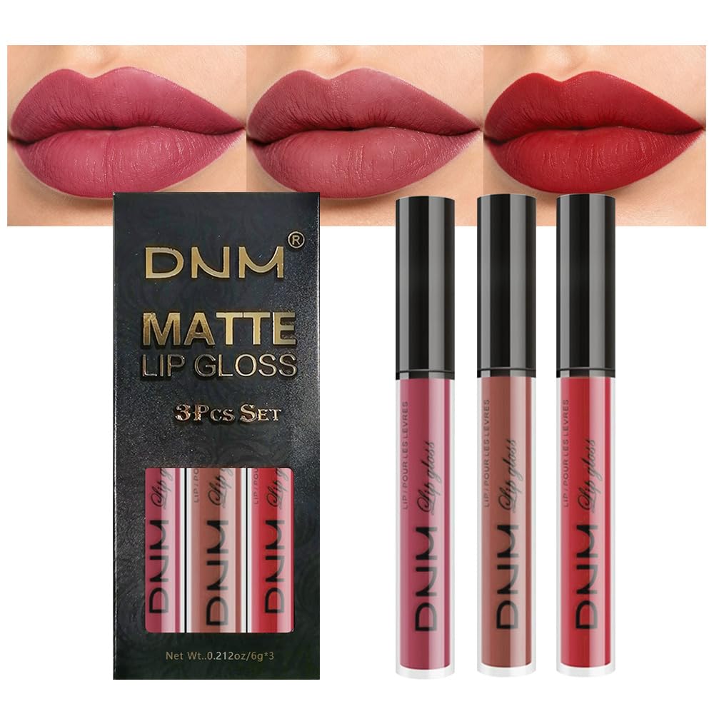 evpct 3Pcs Dark Ruby Fire Red Matte Liquid Lipstick Lip Stain Lipgloss sets for Women 24 Hour Red Matte Lipstick Long Lasting Smudge Proof