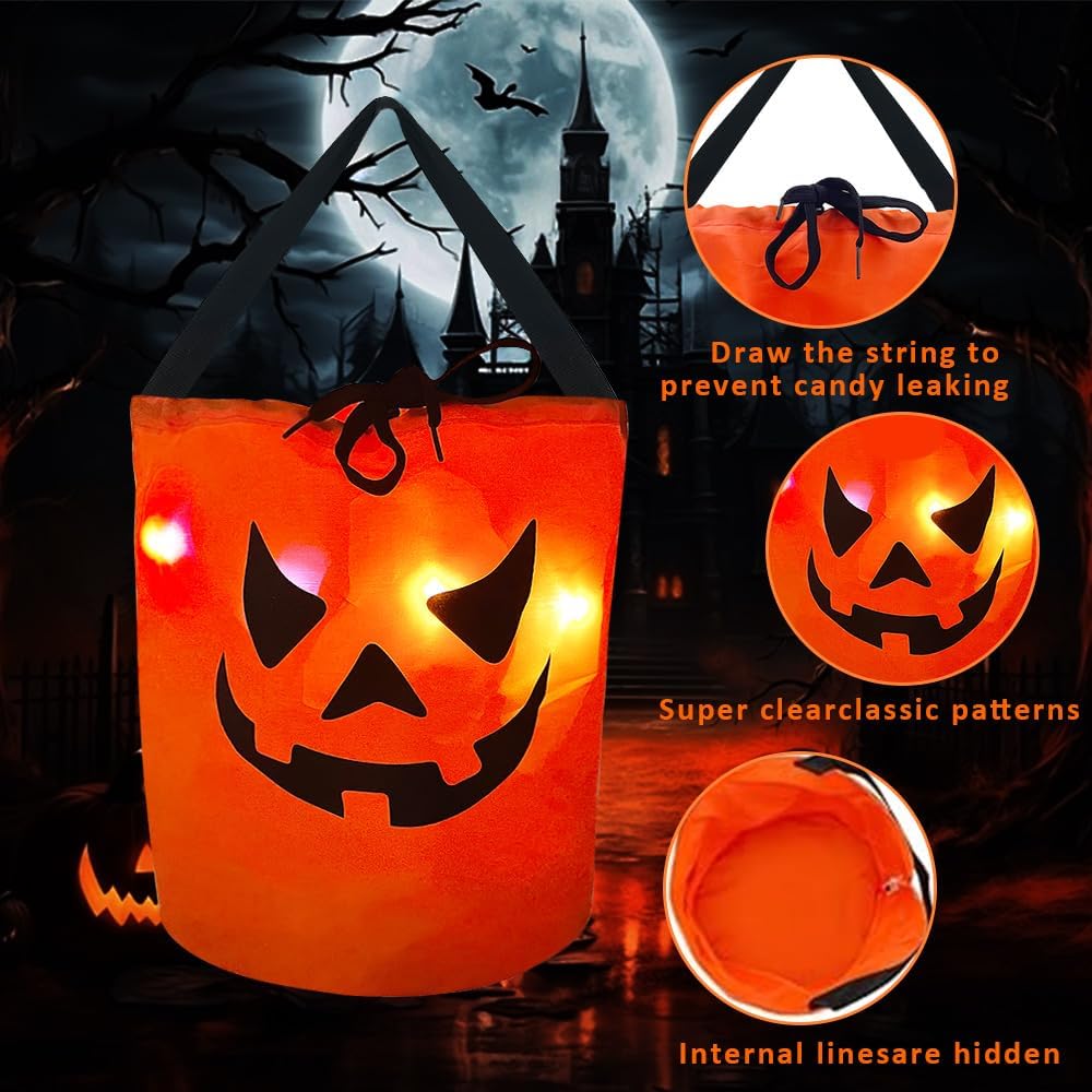 JXITON Halloween Drawstring Candy Bags Light up Multipurpose Halloween Trick or Treat Candy Bag with Pumpkin Smile Face Reusable Orange Goodie Bags for Kids(3 Pcs)