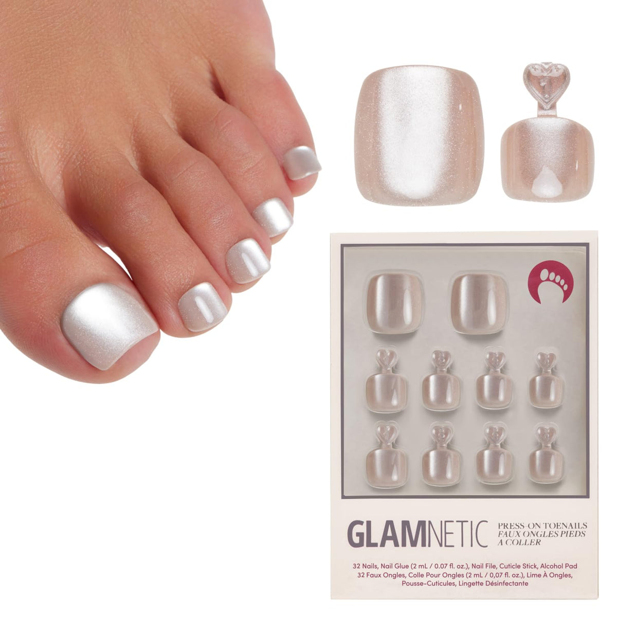 Glamnetic Press On Toenails - Natural Fake Nails | Cherry Red Chrome Press On Toenails, Salon Quality Press On Nails Kit with Glue | Cherry Glaze - 32 Nail Set in 16 Sizes
