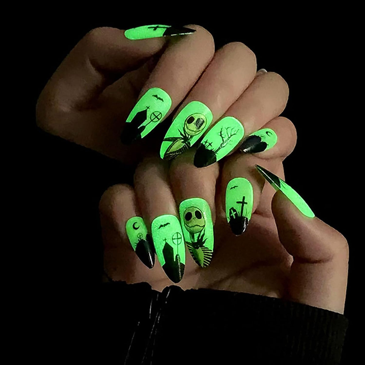 Halloween Press on Nails Medium Almond MABKJLF Fake Nails Glow in The Dark Full Cover Nightmare Christmas False Nails Glossy Glue on Nails Artificial Acrylic Nails for Women Girls 24 Pcs