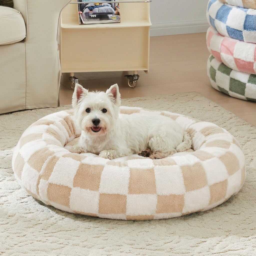 Ohocut Checkered Dog Bed, Cute Black White Retro Style Aesthetic Round Warming Pet Calming Beds for Small Dog and Cats, Plush Cozy Donut Dog Beds Washable, 30" L x 30" W x 8" Th