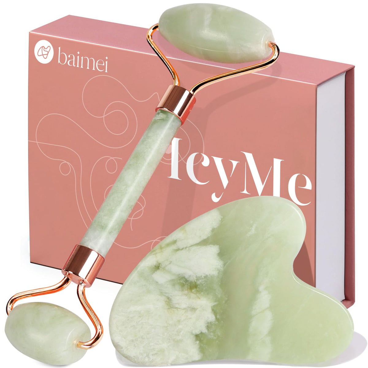 BAIMEI IcyMe Gua Sha & Jade Roller Set, Cooling Face Roller & Guasha Tool for Face Depuffing, Facial Sculpting & Jawline Definition, Smooth Rolling Skincare Tools Gifts for Women & Men – Green
