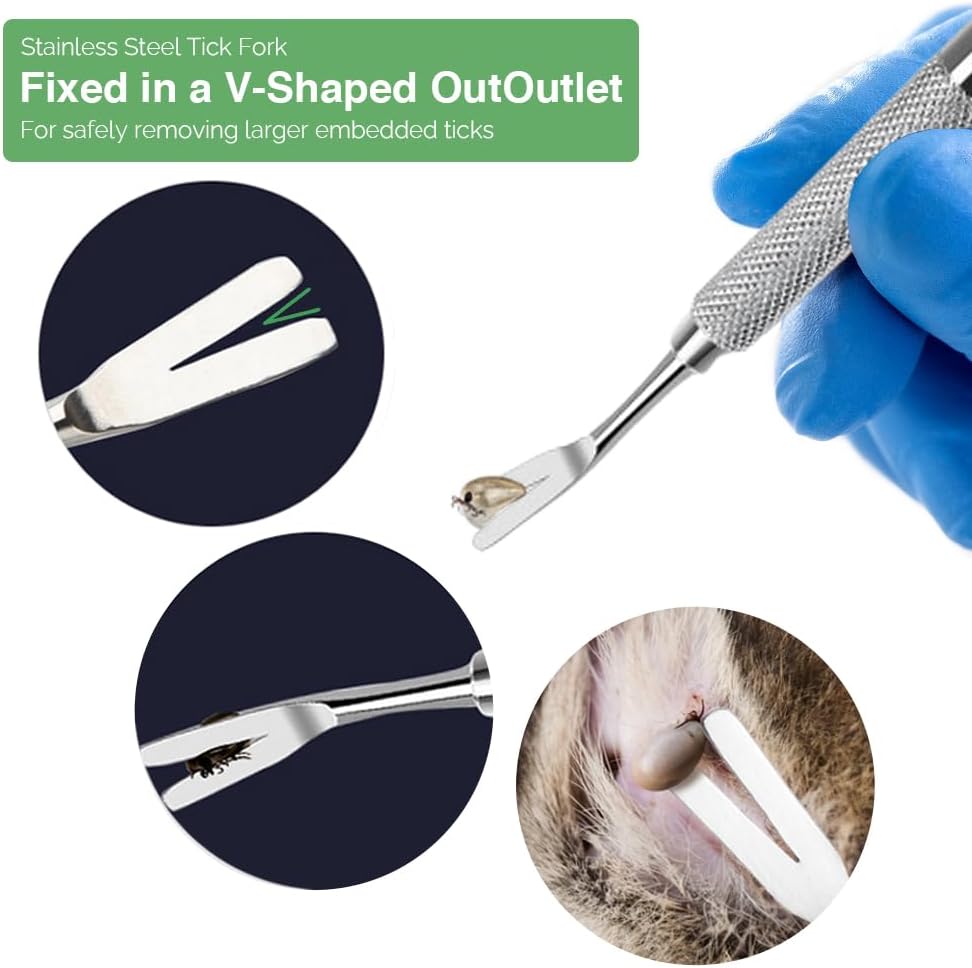 Tick Remover, Tick Removal Tool, Stainless Steel Tick Remover Tool for Dogs/Humans/Cats/Horses, Professional Foam Inserts Tick Remover Set- Includes Tick Tweezers, Tick Fork, Handy Tin, Manual (1 Set)