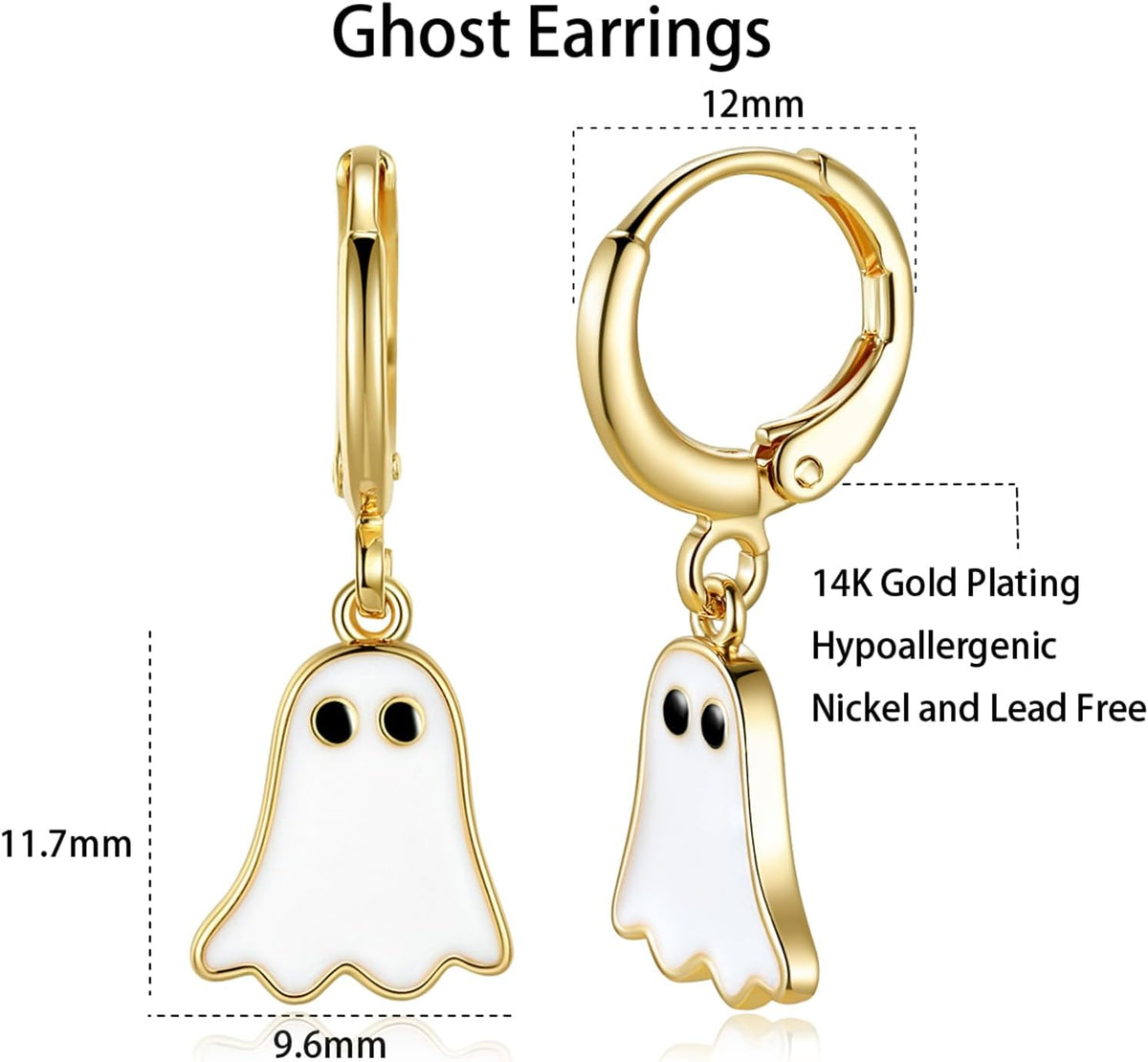 Halloween Ghost Earrings for Women – Spooky Cute 14K Gold Plated Hoop Dangle Jewelry, Fun Halloween Accessories Gifts
