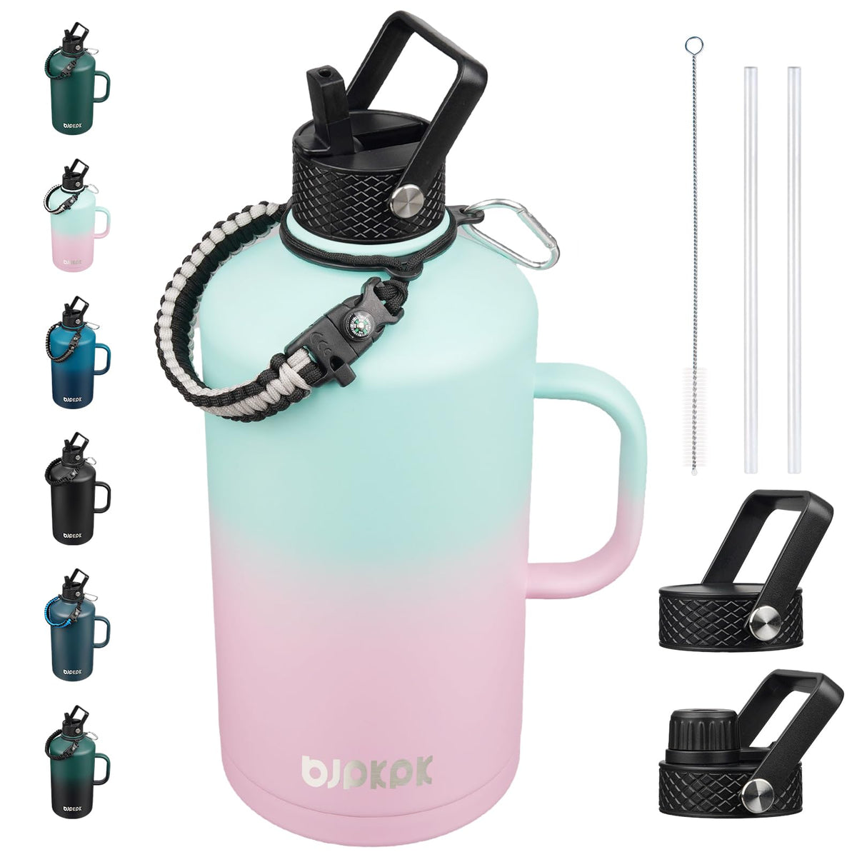 BJPKPK Half Gallon Insulated Water Bottles with Straw Lid & Side Handle, 64oz Large, Stainless Steel Water Bottles with 3 Lids and Paracord Strap, Metal Water Jug,Black