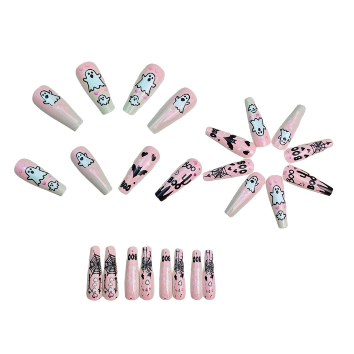 Pink Halloween Press on Nails Long Coffin Fake Nails Cute Ghost Bat Spider Web Design Glossy Acrylic Nails Reusable Stick on Nails Full Cover Artificial Nails Halloween Costume Party Daily Nail Decor