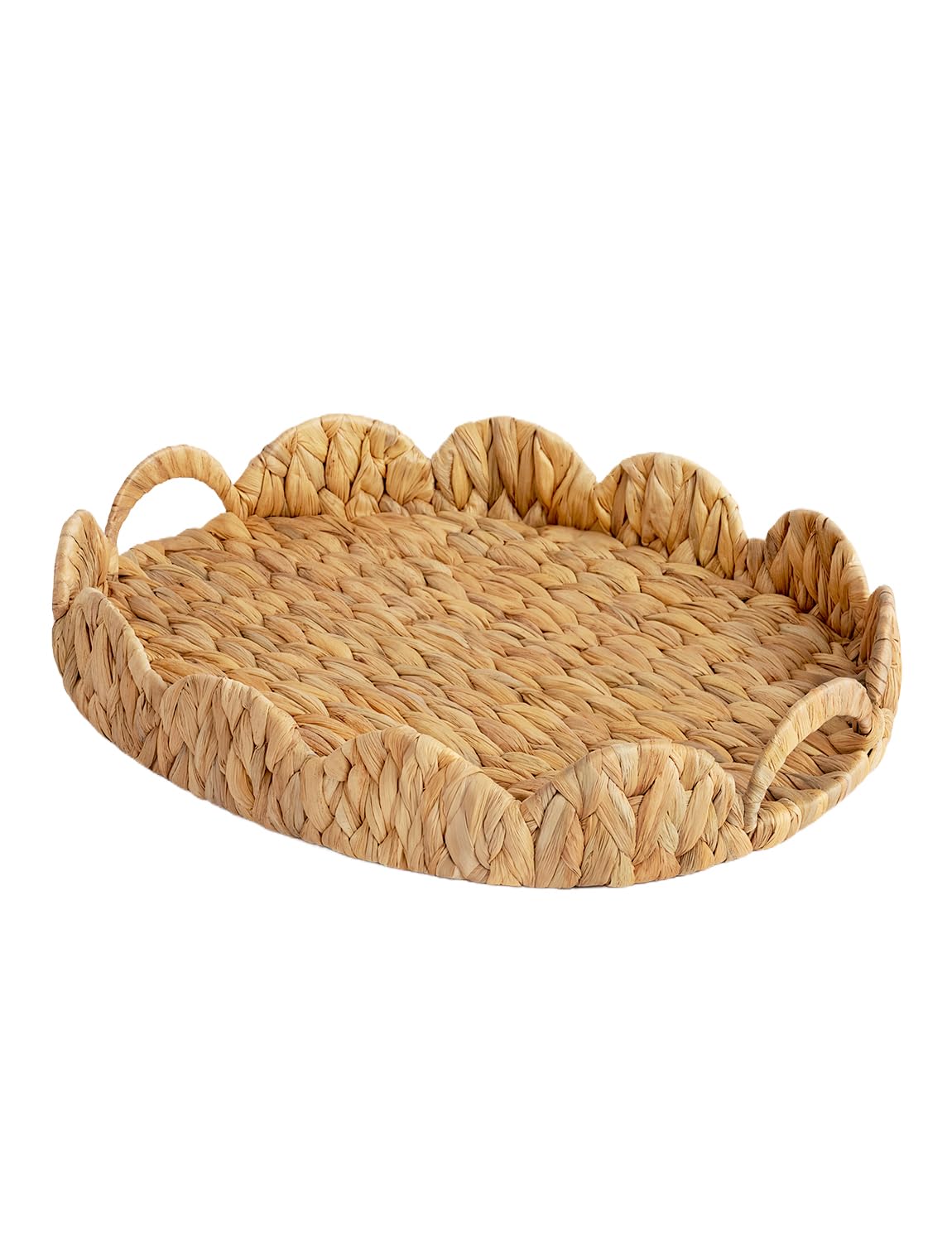 StorageWorks Rectangular Wicker Scalloped Tray, Rattan Scalloped Basket | Shallow Serving Trays with Handles for Coffee Table, Living Room, Seagrass Trays for Decorative & Organizing